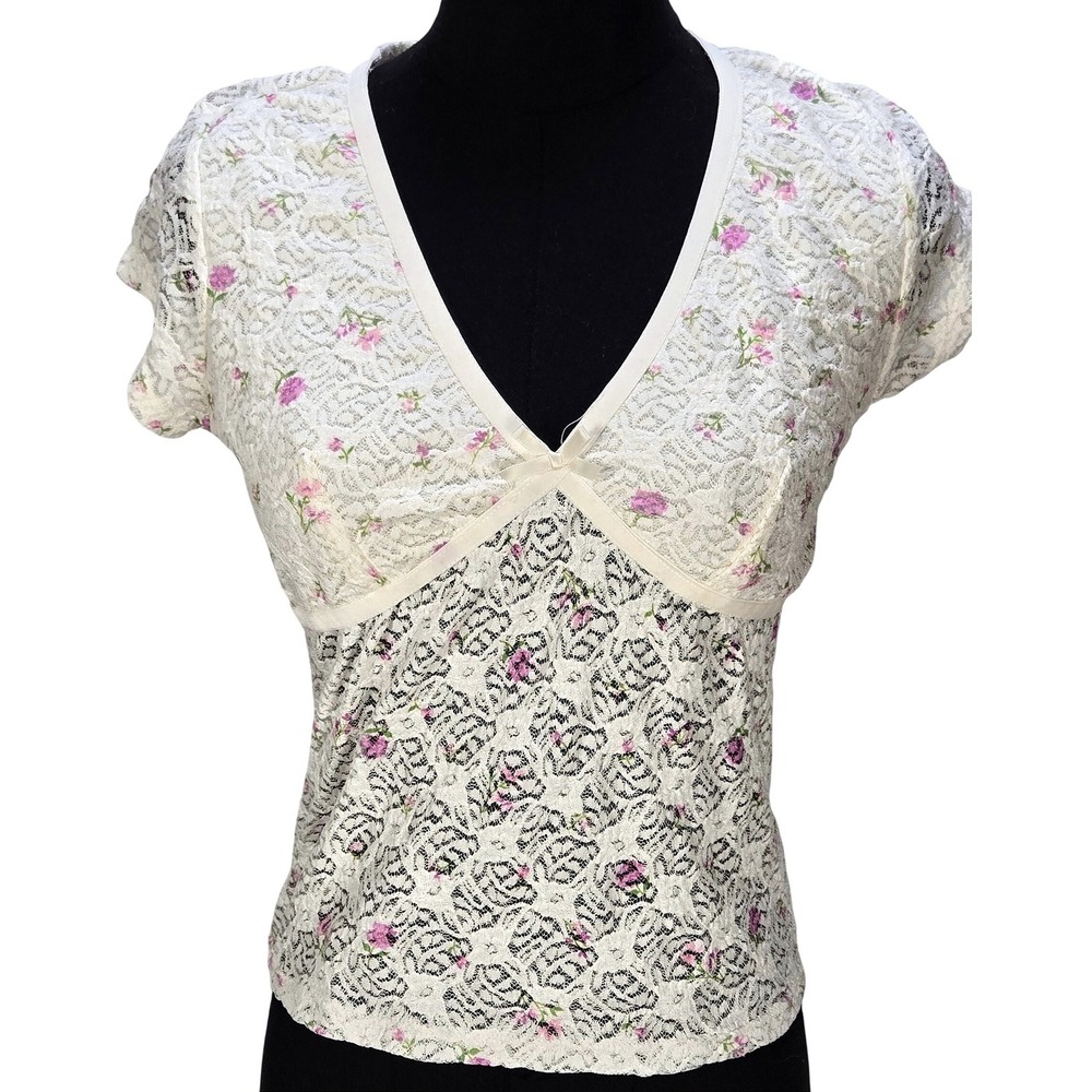 Women's VTG Y2K Self Esteem Medium Lace Floral Babydoll Top Coquette Cottagecore